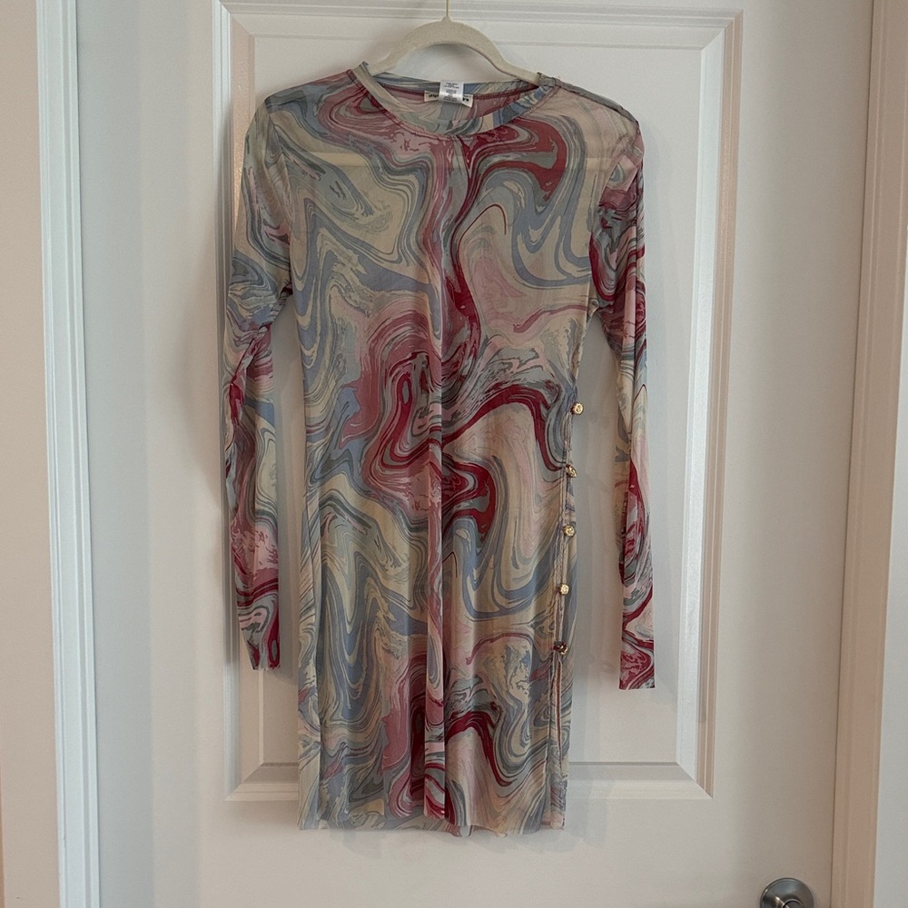 Mesh Swirl Print Long Sleeve Mini Dress - Multicolor